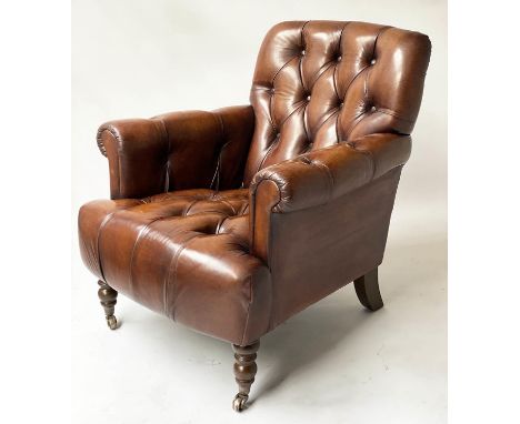 CLUB ARMCHAIR, vintage Howard style buttoned hand dyed leather with turned front supports, 80cm W. 