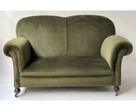 CHESTERFIELD SOFA, Victorian royal green velvet upholstered with round back and adjustable drop end on turned supports, 144cm