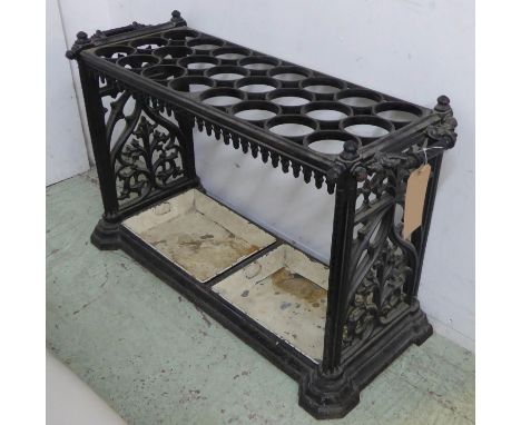 STICK STAND, Victorian Gothic revival black painted cast iron, 97cm x 35cm x 61cm. 