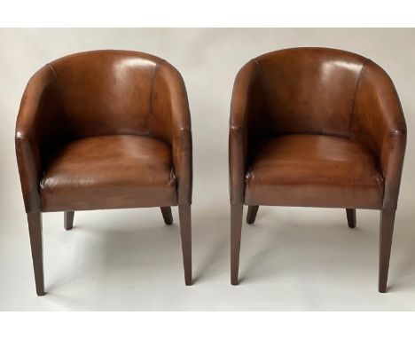 TUB ARMCHAIRS, a pair, hand dyed tobacco brown leather with rounded back and arms, by Morgan &amp; Co, 60cm W. (2) 