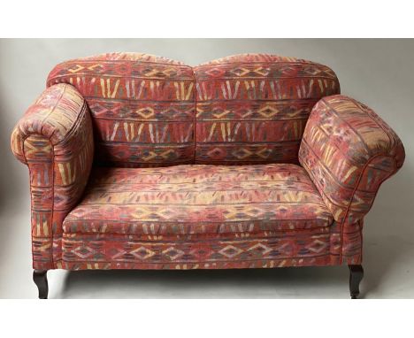 KILIM SOFA, early 20th century weave upholstered with rounded arms, including a drop arm, on cabriole supports, 145cm W. 