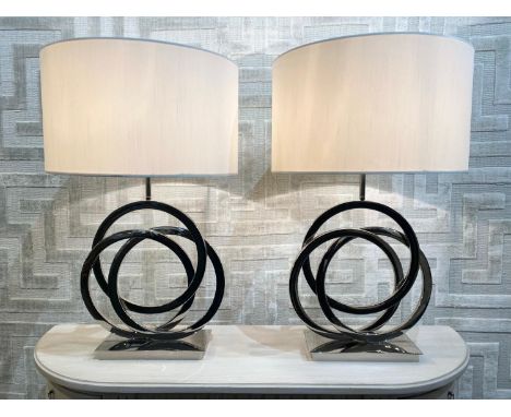 R V ASTLEY TABLE LAMPS, a pair, contemporary chrome with shades, 63cm H. (2) 