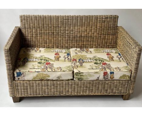 RATTAN SOFA, two tone grey and natural woven, 150cm W, with a pair of matching armchairs. (3) 