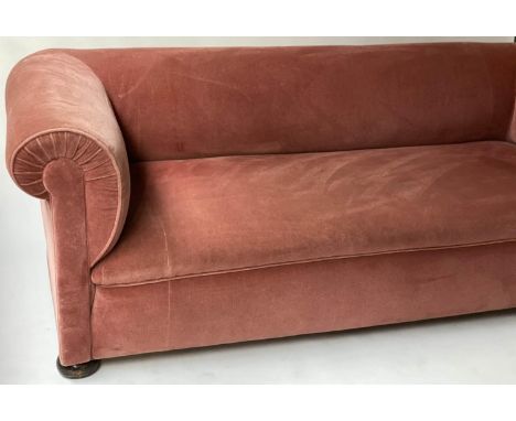 CHESTERFIELD SOFA, Victorian velvet plush old rose upholstered with rounded back and arms, 210cm W. 