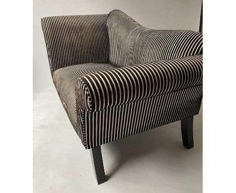 CHAISE/SOFA, contemporary striped with shaped back and scroll arms, 155cm W. 