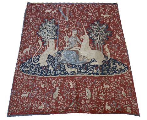 TAPESTRY, reproduction of the lady and the unicorn, medieval revival style, 130cm H x 115cm. 