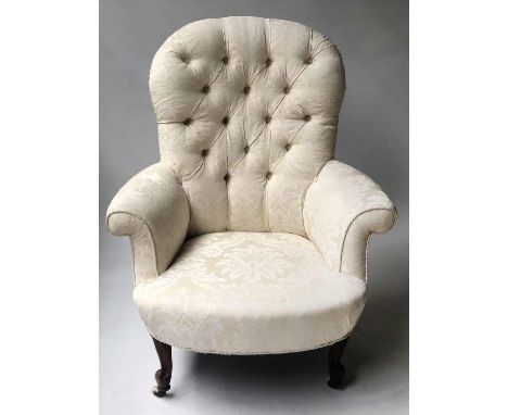 SLIPPER ARMCHAIR, Victorian walnut parchment brocade deep button upholstered with shaped front supports, 80cm W. 