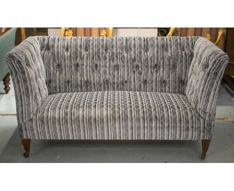 SOFA, Edwardian style in buttoned Colefax and Fowler striped blue velvet, 81cm H x 149cmW x 78cm D. 