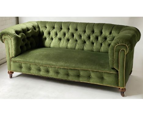 CHESTERFIELD SOFA, Victorian royal green velvet upholstered with deep button rounded back and arms, 178cm W. 