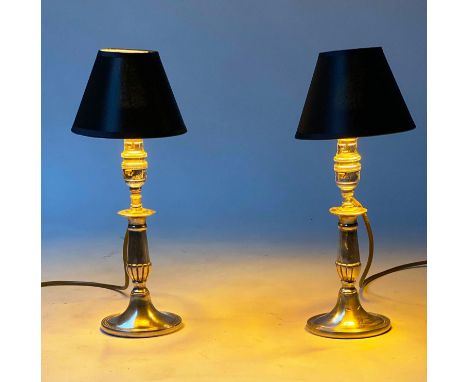 DINING TABLE LAMPS, a pair, vintage silvered metal George III style fluted columns with shades, 34cm H. (2) 