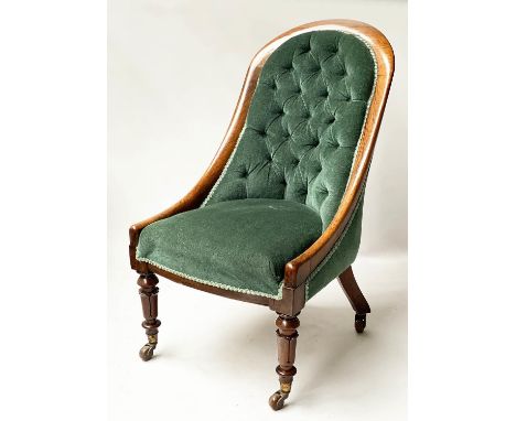 SLIPPER CHAIR, William IV rosewood with button back royal green velvet upholstery and castors, 51cm W. 