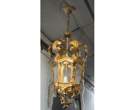HALL LANTERN, gilt metal, of hexagonal form with glass panels, 65cm H. 
