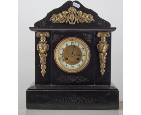 French black slate mantel clock, architectural form with gilt metal mounts, circular dial, cylinder movement striking on a go