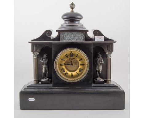 Victorian slate mantle clock, architectural case with figures under a portico, visible escapement, spring driven movement, 46