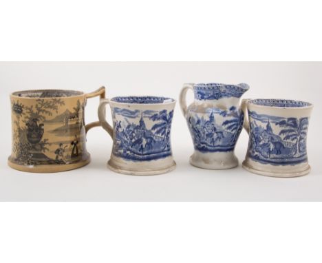 Victorian transfer printed mug, J E Thompson, Hartshorne Pottery, near Ashby-de-la-Zouch, cracked, 13cm; three blue and white