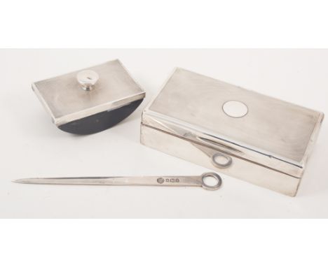 Silver cigarette box, rectangular form, engine turned lid, cedar lined, TF & Co., London 1926, 17.5cms; silver mounted blotte
