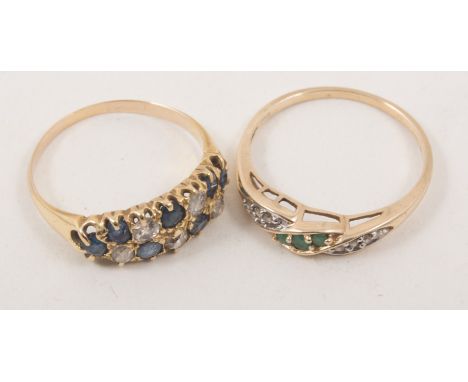 Two yellow metal half hoop rings, a sapphire and diamond ring with seven sapphires and five old cut diamonds in an all yellow