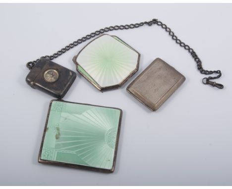 A silver cigarette case, Birmingham 1935, engine turned and enamelled decoration, 8cms, a similer silver and enamelled compac
