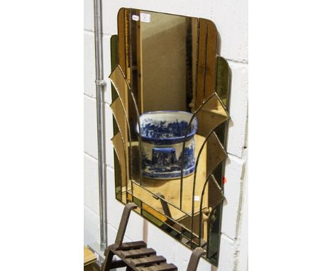 A reproduction Art Deco style wall mirror, leaded light with green and peach glass highlights 65cm x 49cm, a gilt framed wall