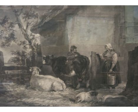 After George Morland, No.9 'Milkmaid and Cow Herd', monochrome print, 46cm x 56cm, a print on canvas, The Durham Ox, and a la