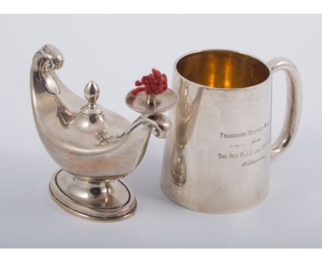 Silver Aladdin's lamp table/ cigar lighter, makers marks worn, Birmingham 1906, 10cms; a silver tankard, engraved, W.N.Ltd, B