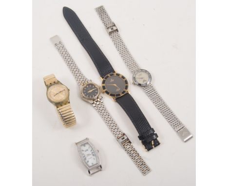 A collection of lady's wrist watches, Storm, Accurist, Gucci, Swatch, Rotary, Lorus etc. and a box of costume jewellery, bead