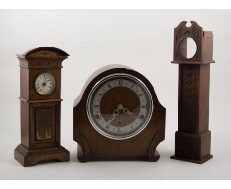 Three train dome top mantel clock, miniature longcase and similar to hold pocket watch, wall clock, (4).