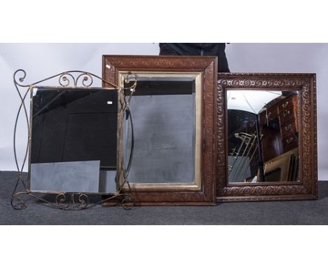Rectangular wall mirror, carved oak frame, 78cm x 68cm; a similar oak framed wall mirror, and a modern metal framed wall mirr