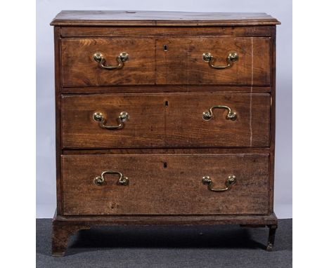 A George III elm chest of drawers, rectangular top with moulded edge, fitted with three long drawers, bracket feet, width 81c