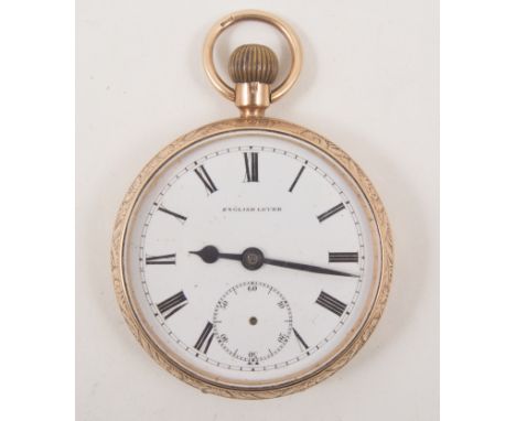 A 9 carat yellow gold open face pocket watch, white enamel dial marked "English Lever" ,with Roman numeral chapter ring and s