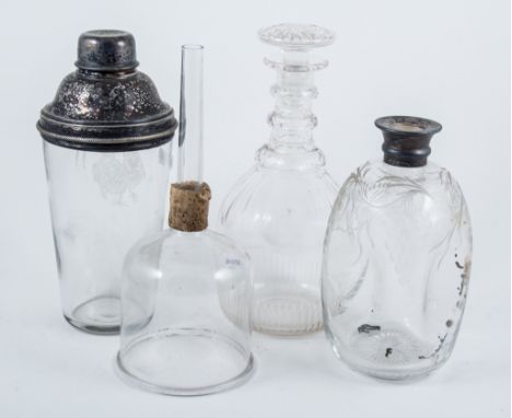 Dimple decanter, etched grape design to shoulders with silver mounted collar; together with a quantity of other glass decante