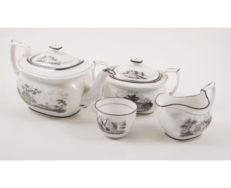 English hybrid hard-paste porcelain pearl teaware, probably New Hall, circa.1800, Bat printed decoration, some pieces pattern