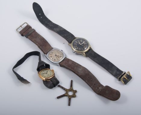 A quantity of wrist watches, gold and metal, a small gun metal open face fob watch, the white enamel dial with Roman numeral 
