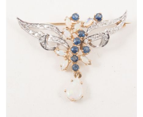 A sapphire, opal and diamond brooch, the diamonds pave set as "wings" with the marquis shaped opals and brilliant cut sapphir