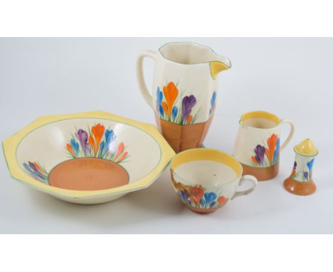 Clarice Cliff, Wilkinson Limited, octagonal jug, Crocus pattern, 17cm, Crocus pattern cups and saucers, bowls etc., (small qu