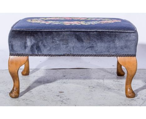 Footstool with tapestry top, stained beech cabriole legs, 61cm.