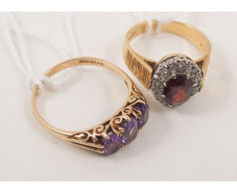 Two dress rings, a hallmarked 9 carat yellow gold ring set with three amethyst, approximate weight 3gms, ring size R, a hallm