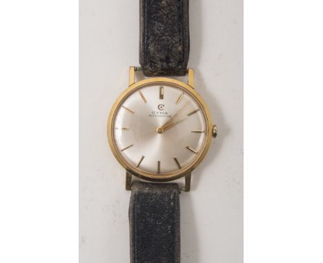 A gentleman's Cyma wrist watch, circular cream baton dial with sweep seconds in a gold-plated case, strap model. 