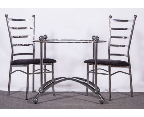 Polished metal framed dining table, circular glass top, diameter 115cm, and four matching ladder-back dining chairs.
