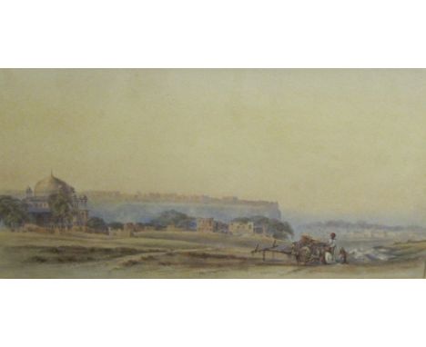 HENRY AMBROSE OLDFIELD (1822-1871)Sunrise, Gwalior Fortwith inscription as title below mount watercolour10 x 18 1/2 in  (25.4