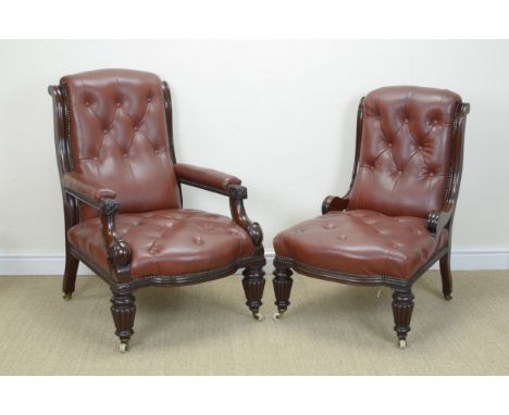 A pair of William IV mahogany framed Lady's and Gent's Occasional Chairs with brown leather button upholstery on turned and f