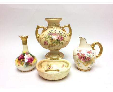 Four Royal Worcester porcelain itemsincluding a "Hadley" rose painted Vase by Millie Hunt, a blush ivory shape 1094 Milk Jug,