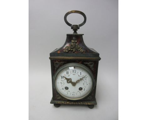 A 19th Century tortoiseshell cased Mantel Clock with white enamel circular dial painted floral swags, pagoda surmount, ring h