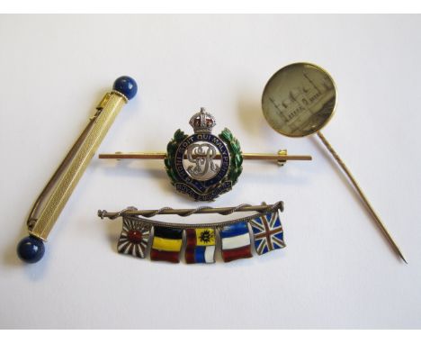 An enamelled Royal Engineers Sweetheart Brooch, stamped 14ct & PLAT, a WWI Allied Flags Enamel Brooch, Bar Brooch set lapis l