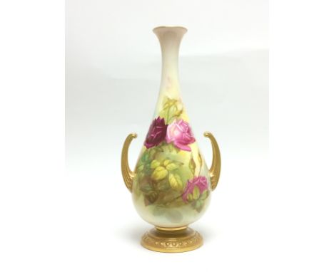 An Edwardian Royal Worcester "Hadley" rose painted slender VaseShape no.2151, painted by F. Harper, bowed gilt handles and ci