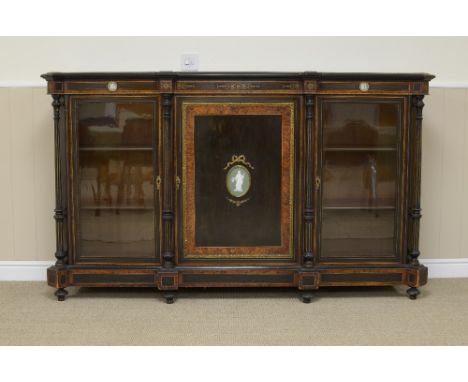 A Victorian burr veneer and ebonised Side Cabinet with central solid panelled door inset green jasperware oval plaque of clas