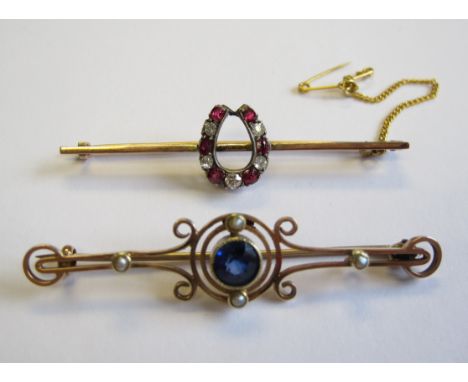 A Ruby and Diamond Horseshoe Bar Brooch and a Sapphire and Seed Pearl Bar Brooch stamped 15ct