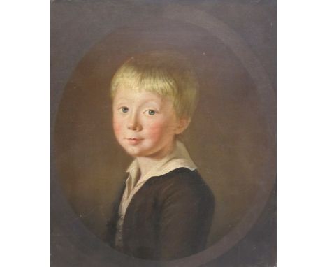 ENGLISH SCHOOL CIRCA 1790 Portrait of a Boy, quarter-length, wearing a brown jacket and white collar, in a feigned oval, oil 