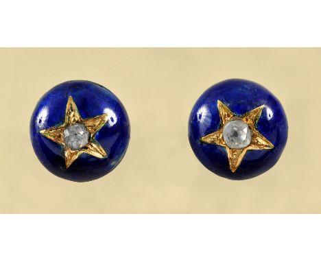 A pair of Diamond and Blue Enamel Ear Studs each pavé-set single old-cut diamond within gold star and outer blue enamel