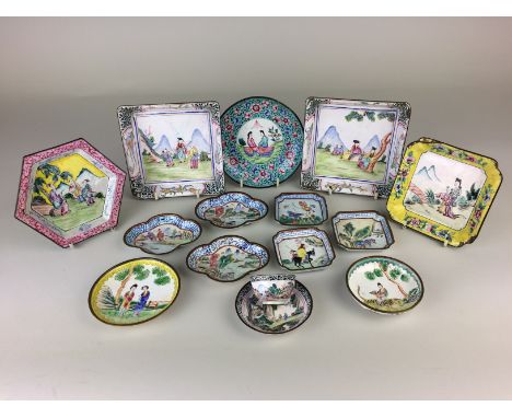A collection of Chinese enamel itemsLate Qing DynastyComprising a pair of square Dishes painted with figures in a garden, thr